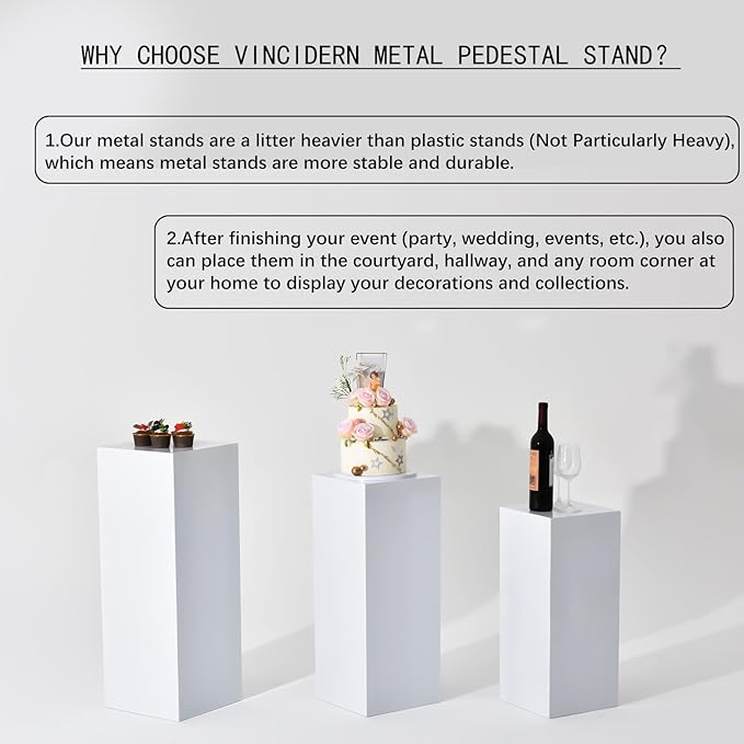 Vincidern 3PCs Metal Pedestal Stand for Party, White Display Stands Pillars for Wedding, Sculpture Display Column Decoration Cube