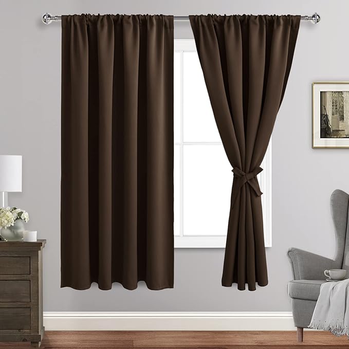 JIUZHEN Blackout Curtains for Bedroom - Thermal Insulated Room Darkening Noise Reducing, 52 x 63 Inch Length Curtains for Living Room, Set of 2 Panels with Tiebacks, Brown
