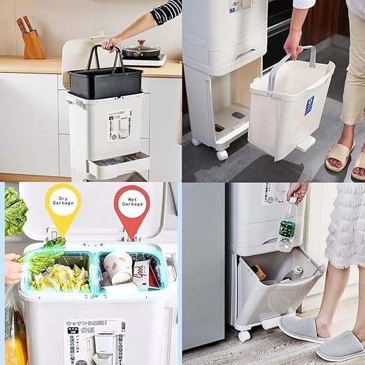 Double Layers Double Barrel Waste Sorting Bin with Wheels & Lid - Large Vertical Garbage Can for Kitchen, Bathroom, Home & Office