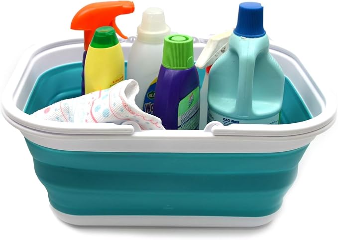 SAMMART 15.5L (4.1 Gallon) Collapsible Tub with Handle - Portable Outdoor Picnic Basket/Crate - Foldable Shopping Bag - Space Saving Storage Container (Bright Blue)