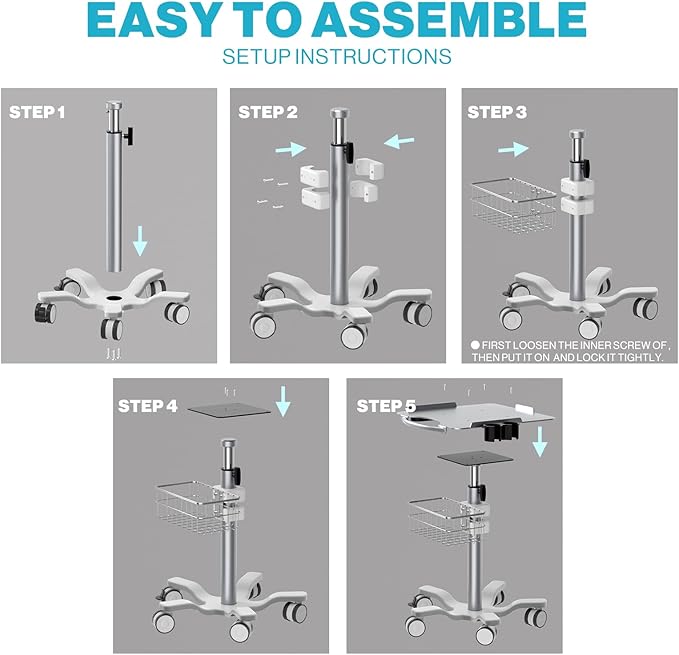Medical Mobile Trolley Cart with Wheels - Height Adjustable Stainless Steel Dental Cart Rolling Desktop with 16.5"× 16.5" Large Tabletop for Dental Offices, Hospitals, Labs