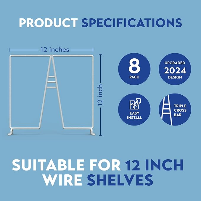 Tall White Wire Shelf Dividers for Closet Organization – Sturdy and Easy Set-Up Closet Shelf Dividers with Bonus Rose Gold Hanger (12 inch Wire Shelves, 8-Pack)