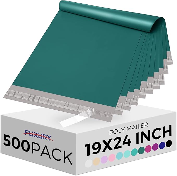 Fuxury Large Poly Mailers 19x24" 500 Pcs, Bulk Shipping Bags for Clothing, Strong Adhesive Shipping Envelopes for Small Business Suppliers,Waterproof Mailers Poly Bags Mailing Envelopes Forest Green