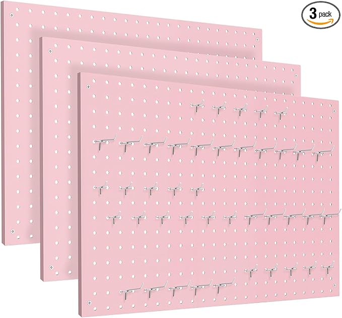 Peg Board, 3 Pack Metal Pegboard Panels Pink Pegboards Wall Organizer with Frame Large Heavy Duty Peg Board with Hooks for Walls Home, Garage Tool Storage, Office, Craft Room, Kitchen 24”×16”