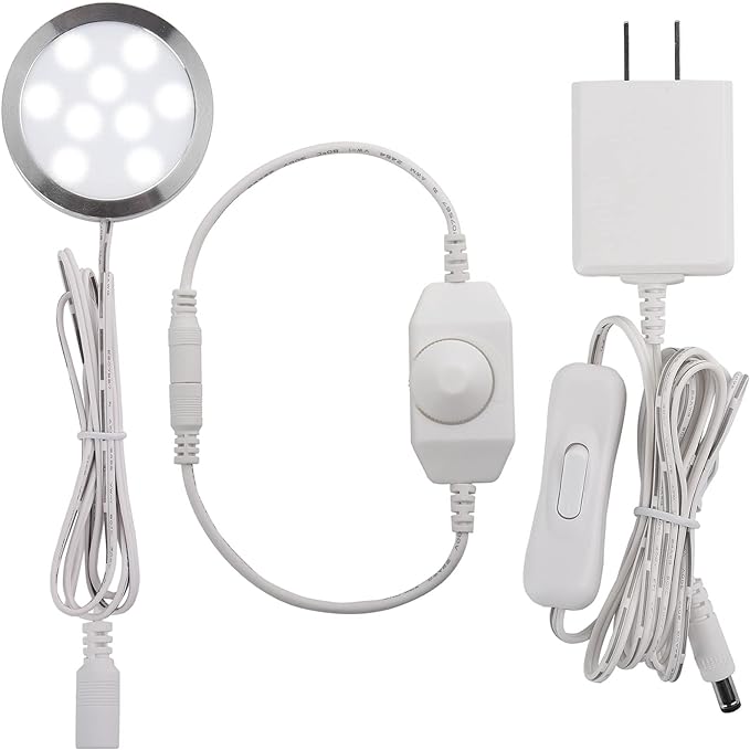 Under Cabinet Lighting, Single LED Puck Light for Kitchen Counter Cabinet Closet Accent Lighting, Rotary Dimmer Switch, 120VAC Plug in, White Cord, Cool White