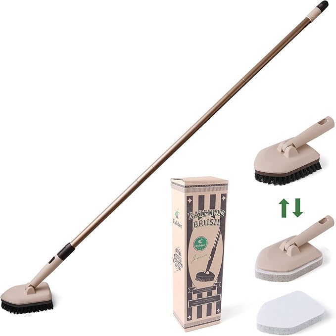 Eyliden 2-in-1 Floor & Tub Scrubber Brush - 1 Stiff Bristles Brushes & 2 Non-Scratch Pads, 180°Swivel Head, Adjustable Handle - Deep Cleaning Tub, Bathroom, Tile, Shower, Sink