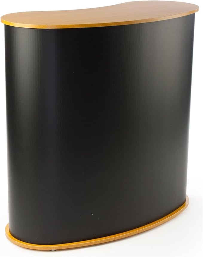 Pop-up Podium Counter with Kidney Bean Shaped Wood Grain Table Surface and Black Body - Portable Design, No Tools Required! (TSPCL02WD)