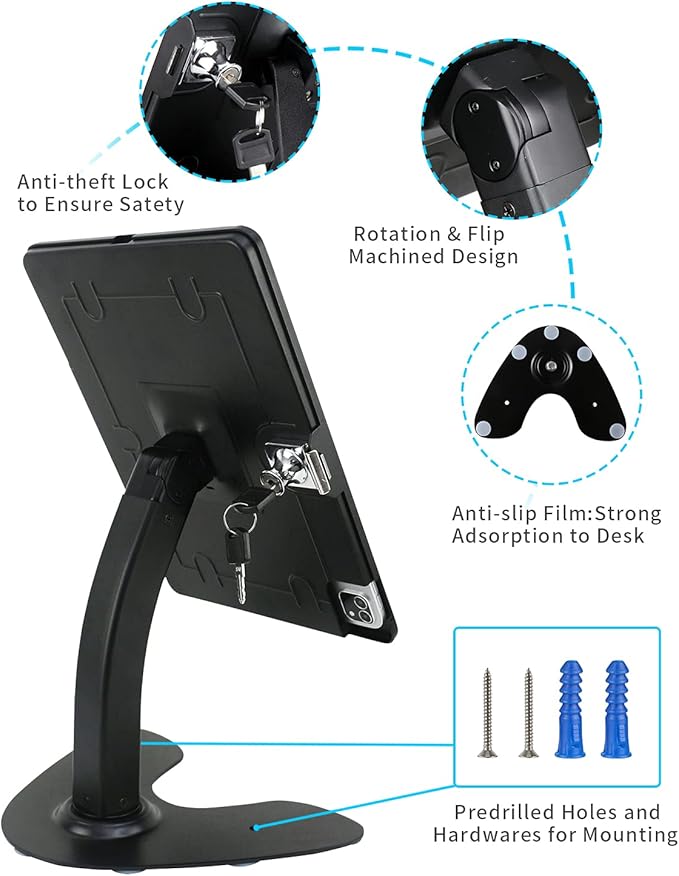 Desktop Wall Mount Anti-Theft Security Kiosk POS Stand Holder Enclosure for 2022 2021 2020 2018 iPad Pro 12.9", Flip & 360° Swivel Design