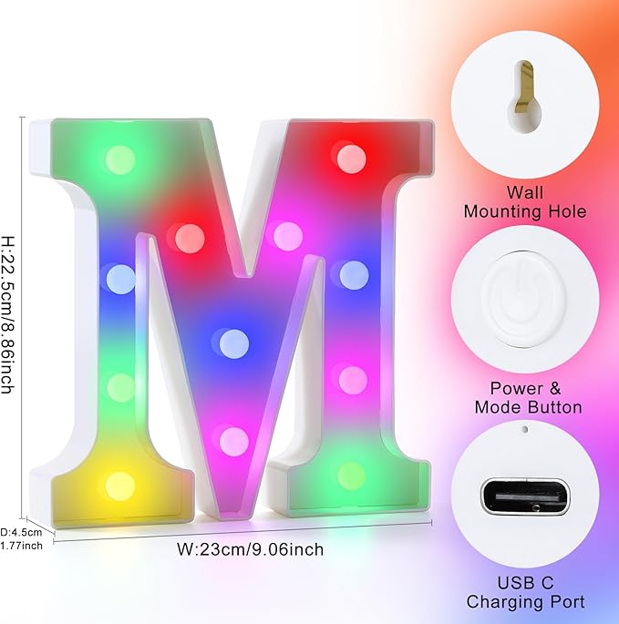 mooncow Rechargeable Light Up Letters,Colorful Marquee Letters with Remote,Gift Wrap Gifts,Bedroom Home Bar Party Decor (M)