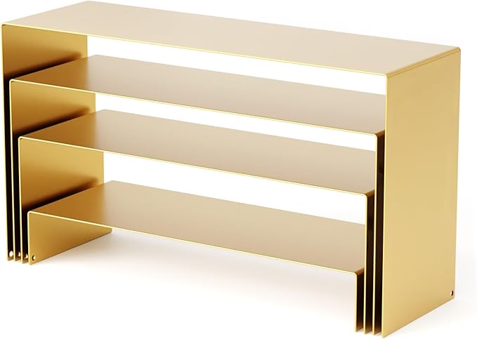 Black Matte Metal Display Stand,8 Pcs 2 Set Display Risers, Metal Rectangular Display Shelf for Showcase, Dessert, Toys, Perfume (8Pcs-Gold, L7''x8''x9)