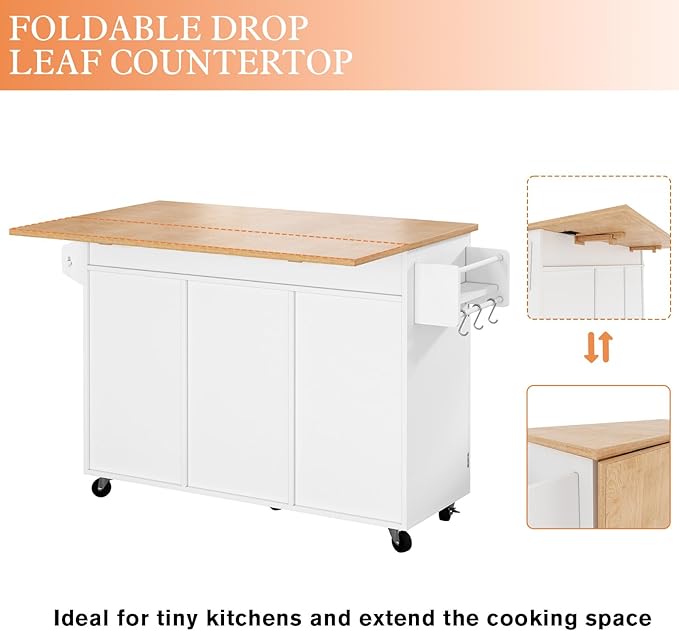 HLR Kitchen Island On Wheels, Rolling Kitchen Island Cart with Drop Leaf Countertop, Barn Door Kitchen Islands Table with Storage Cabinet and Tower Rack, Island Table for Kitchen