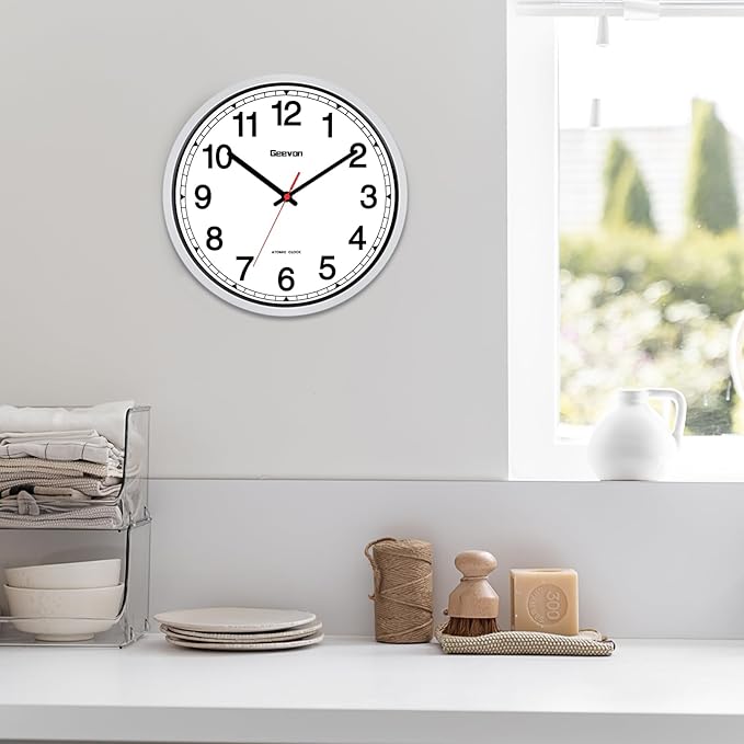 Geevon 16 Inch Atomic Wall Clock - Self-Setting Analog Clock with Automatic Time Sync - Battery Operated for Home Office School - Silver Frame