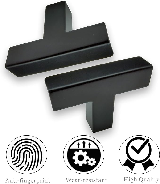 Cabinet Pulls, 30 Pack Modern Square Matte Black Stainless Steel T Bar Cabinet Handles, 2 inch Single Hole Cabinet Knobs for Drawer Cabinets Cupboard Hardware