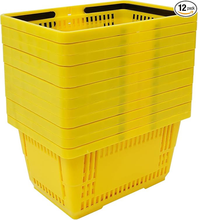 Shopping Baskets Set of 12, 18L Plastic Store Retail Baskets with Handles, Durable Plastic Shopping Cart Portable Grocery Basket for Supermarket Bookstores Grocery Shopping, Yellow