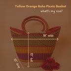 Yellow Orange Picnic Basket, Kitchen & Dining Storage, Reusable Grocery Bag, Countertop Fruits Holder, Farmers Market, Beach, Harvesting, Foraging, Decorative, Wicker, Woven, Boho Style