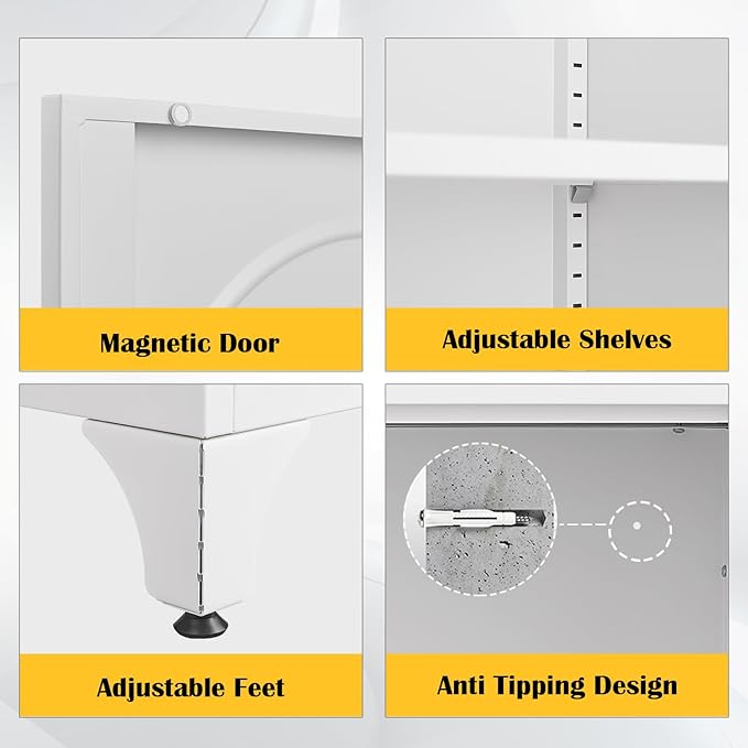 Metal Sideboard Buffet Cabinet with Storage,33 Inch Coffee Bar Cabinet with Adjustable Shelf, White Kitchen Sideboard Cabinets for Dining Room, Living Room