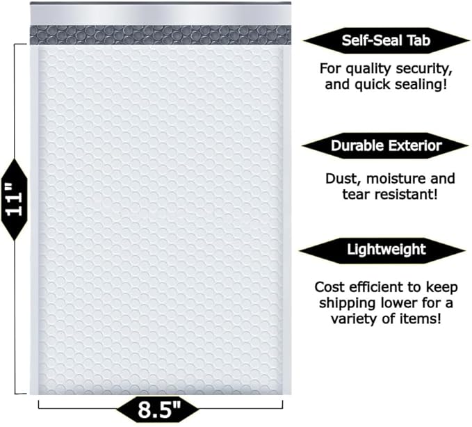 50-Pack 8.5x11" Bubble Mailers White Poly Padded #2 Envelopes Self Seal Shipping Bags Lightweight Tear Resistant Bubble Mailing Envelopes for Small Business Packaging, DVD, Clothing, Books, Gifts