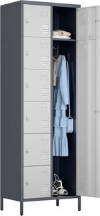 Aobabo 72" H Metal Lockable Storage Locker 7 Small Doors and 1 Big Door, Metal Lockers for empolyees with Hooks, for School Home Office Assembly Required, 8 Doors, Grey White