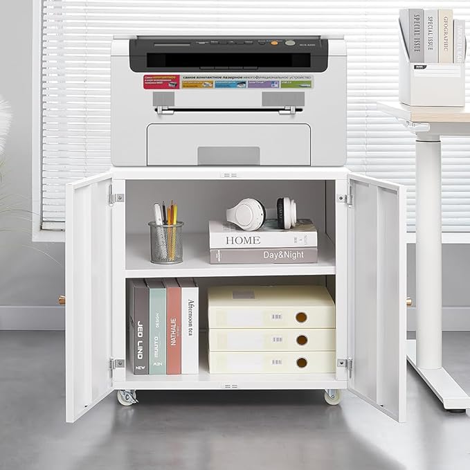 Metal Printer Stand with Storage, Heavy Duty 3D Printer Cabinet on Wheels for Home Office, Table for Printers with Adjustable Shelf Under Desk File Cabinet White 23.6''H