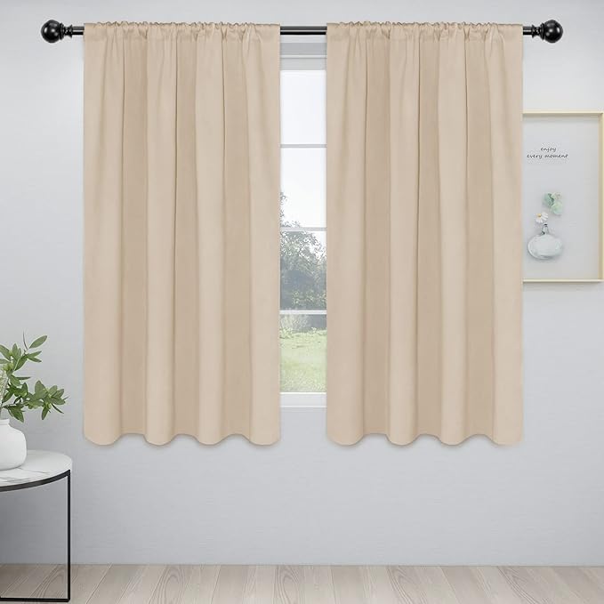 Easy-Going Rod Pocket Blackout Curtains for Bedroom, Room Darkening Window Curtains for Living Room, Thermal Insulated Noise Reduction Solid Window Drapes, 2 Panels(52x56 in, Beige)