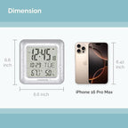 KADAMS Bathroom Clock 9.5" Kitchen Wall Clock with Large LCD Screen – Shower Clock with Suction Cup,Temperature, Humidity, Calendar – Water-Resistant, 4 Mounting Options, Silver