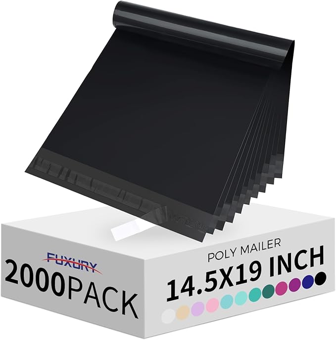 Fuxury 2000 Pcs 14.5x19" Poly Mailers,Waterproof Mailing Envelopes for Clothing, Strong Adhesive Poly Shipping Postage Bags for Small Business(Black)