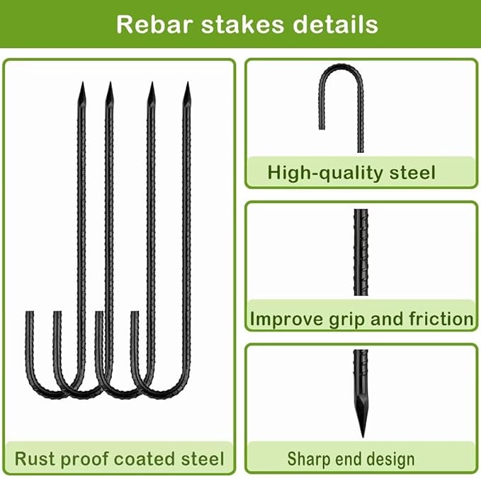 Rebar-Stakes-12-Inch, Ground Stakes Heavy Duty J-Hook Black Coated Anti-Rust Heavy Duty Ground Anchors for Garden Dog Fence Chicken Coop Christmas Decorations Deer Fence 4pcs