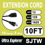 10 Ft Indoor Outdoor Black Extension Cord, 16/3 SJTW Heavy Duty Water-Resistant, 3 Prong Grounded Plug Power Cord for Home Appliance, Lights and Lawn, 13A 1625W, UL Listed
