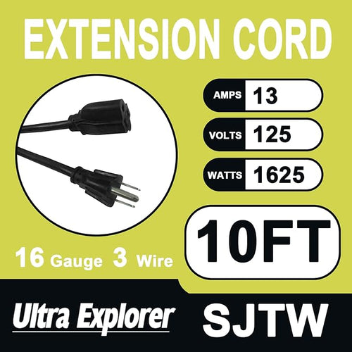 10 Ft Indoor Outdoor Black Extension Cord, 16/3 SJTW Heavy Duty Water-Resistant, 3 Prong Grounded Plug Power Cord for Home Appliance, Lights and Lawn, 13A 1625W, UL Listed