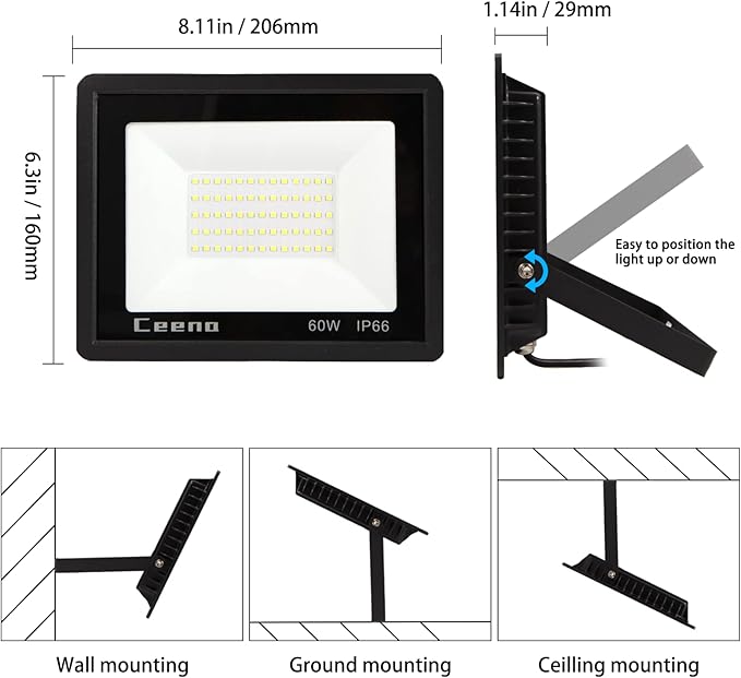 Ceena 2 Pack 60W Hardwired LED Flood Light Outdoor, 6000lm Super Bright Floodlight, IP66 Waterproof 6000K Daylight White Exterior Lights for Garage, Yard, Patio, Front Door