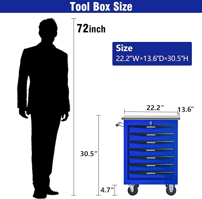 7 Drawers Tool Cart on Wheels with Stainless Steel Worktop, Heavy Duty Mobile Rolling Drawer Tool Chest with Locking Wheels & Lockable Drawers, Garage Tool Storage Cabinet (Blue, 7 Drawers)