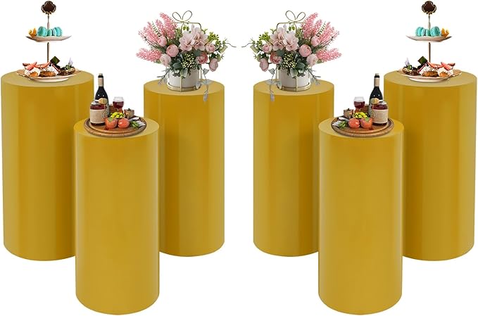 OUKANING 6 PCS Metal Display Pedestal Stands, Gold Cylinder Display Stands Pillars, Decoration Cube Sculpture Display Column for Wedding Party Baby Shower Birthday, H27.56'', 26'', 23.62''