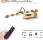 Wireless 15.7in Gold Brass Picture Light – Rechargeable LED Wall Art Lamp with Remote Control, Timer, Adjustable Arm, 3 Color Temperatures & Stepless Dimming, for Living Room and Gallery Lighting