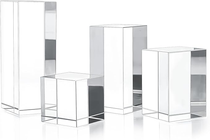 ZEERSHEE Set 4 Clear Crystal Cube Display Blocks Square Glass Display Stand for Collectibles Art Craft Transparent Solid Bases for Jewelry Cosmetic Crafts Closet Show