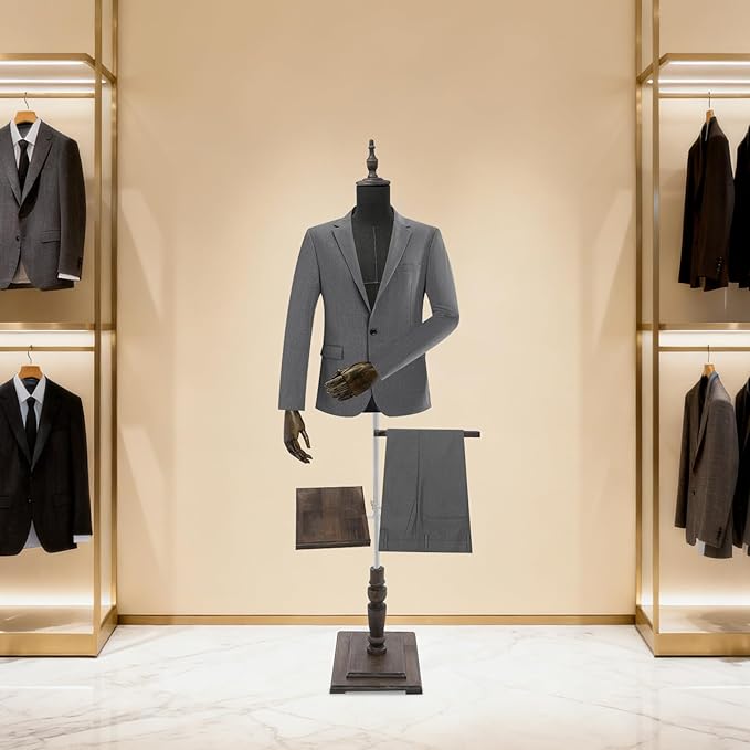 Male Clothing Display Racks, Height Adjustable Clothing Store Clothing Props with Stand and Solid Wood Arm, Male Mannequin Torso for Market Shop Window Display (Dark Grey)