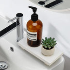 White Bathroom Counter Tray Organizer Small Wooden Risers Pedestal Stand Kitchen Soap Dish Dispenser Holder for Bathroom Counter Decor Farmhouse Wood Bathroom Sink Accessories Modern Vanity Tray