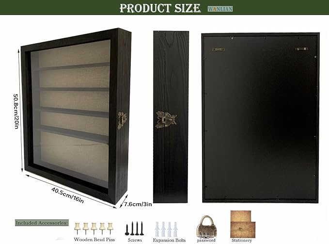 Large Shadow Box with Shelves, 16x20 Wooden Shadow Box Display Cabinet with Acrylic Window ，5 Removable Shelves and Linen Back ，for Displaying Photo Souvenir Collection（Black）