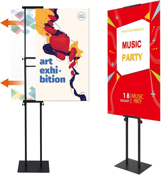 Heavy Duty Floor Poster Standing Display Poster Sign Holder with Non-Slip Mat Base Adjustable Height Up to 75 inches for Board & Foam (2PACK-Black)