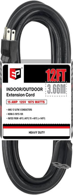 EP 12 Ft Outdoor Extension Cord - 12/3 SJTW Heavy Duty Black Extension Cable with 3 Prong Grounded Plug - Power Cord for Lawn, Garden, Appliances
