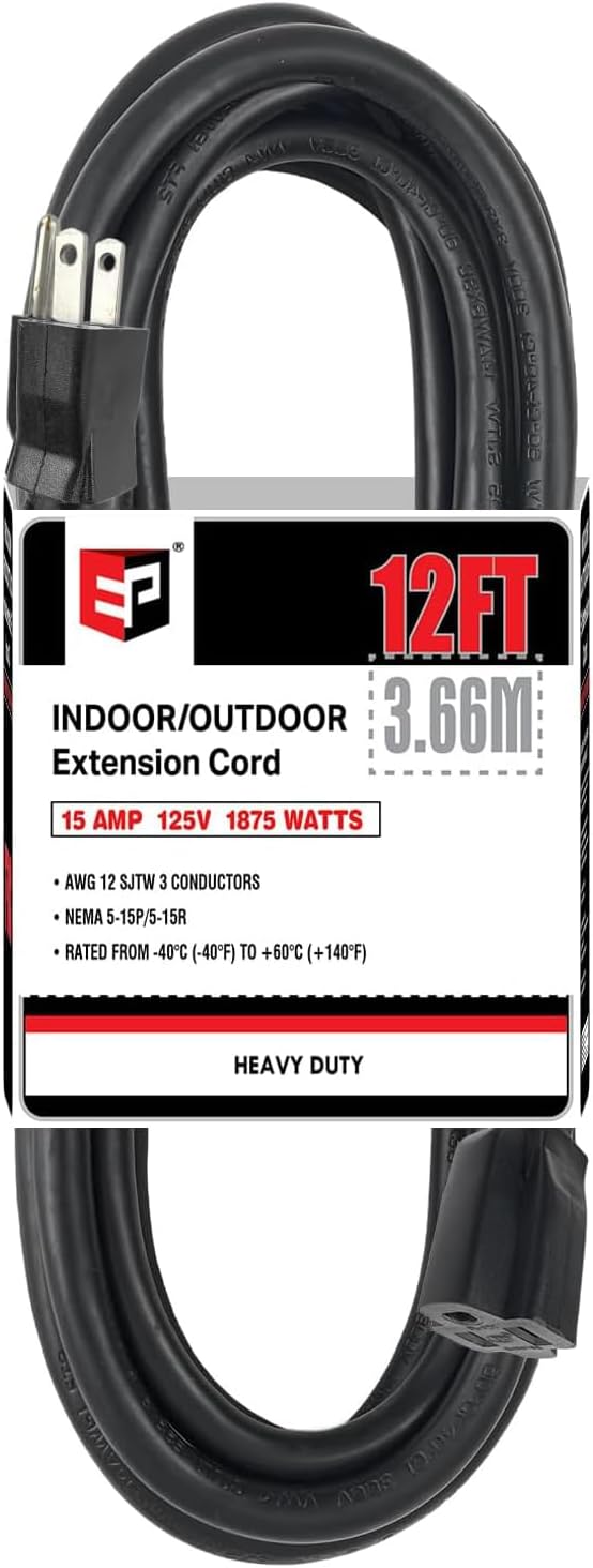 EP 12 Ft Outdoor Extension Cord - 12/3 SJTW Heavy Duty Black Extension Cable with 3 Prong Grounded Plug - Power Cord for Lawn, Garden, Appliances