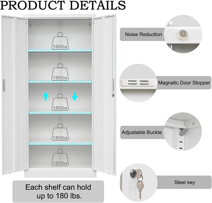 Metal Storage Cabinet, 72 Inch Tall Metal Storage Cabinet with Doors and Shelves, Pantry Cabinets for Kitchen Storage, Garage Cabinet for Living, Dining Room, Assemble Required.