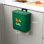 2.4 Gallon Hanging Trash Can - Small Under Sink Trash Can with Lid, Wall Mounted Garbage Bin for Kitchen & Bathroom Cupboard, Odor-Control, Extended Clamping Ring, Green