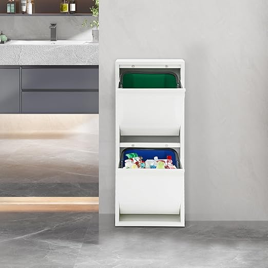Recycling Trash Cabinet with 2 Bins & Tilt-Out Door – 15-Gallon Stainless Steel Organizer for Kitchen, Garage – Dual Waste Sorting System for Homeowners (White)