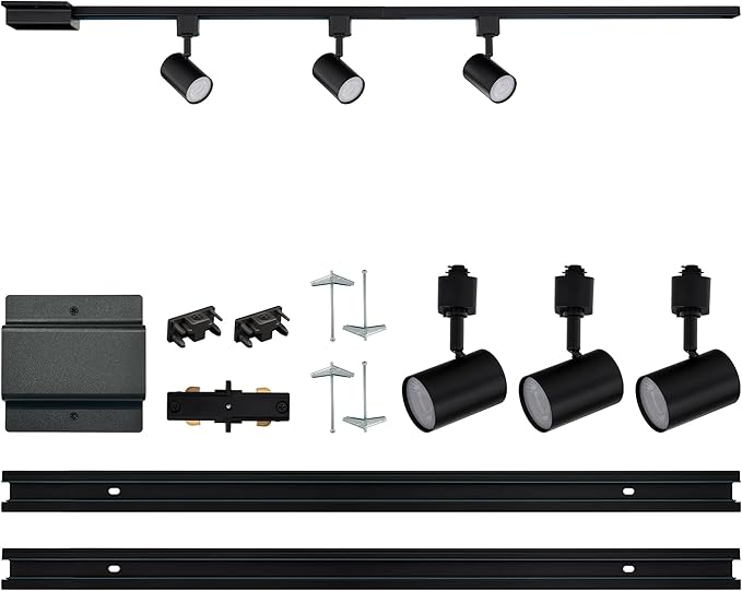 Amped Collection 3-Light 48in Field Cuttable LED Track Lighting Kit with 3 LED 3000K Warm White Track Heads, 4ft Track, End Caps, Floating Feed in Black Finish