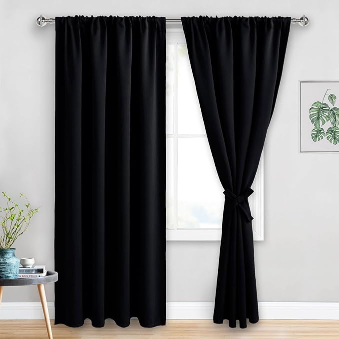 JIUZHEN Blackout Curtains for Bedroom - Thermal Insulated Room Darkening Rod Pocket Curtains for Living Room, Set of 2 Panels with Tiebacks, 52 x 90 Inch Length, Black