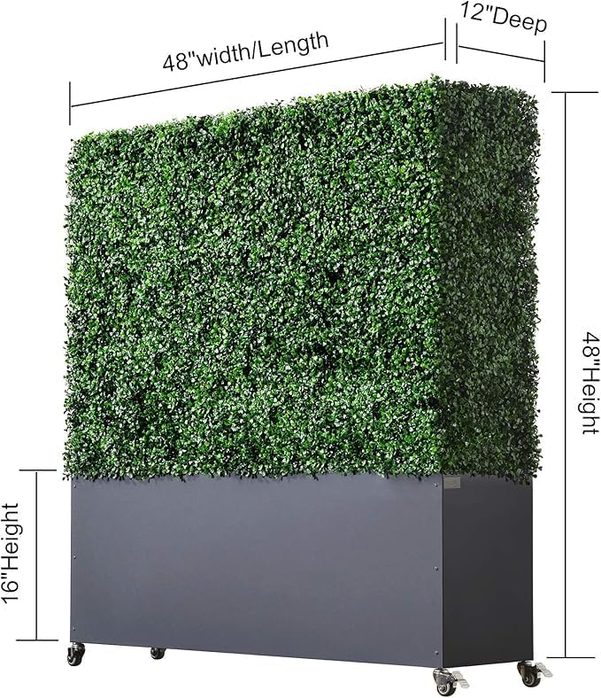 AGPL Upgraded Artificial Hedge Wall with Dark Gray Color Stainless Steel Planter Box and Caster. Moveable Privacy Decorative Wall 48" W x12“D x 51“H …