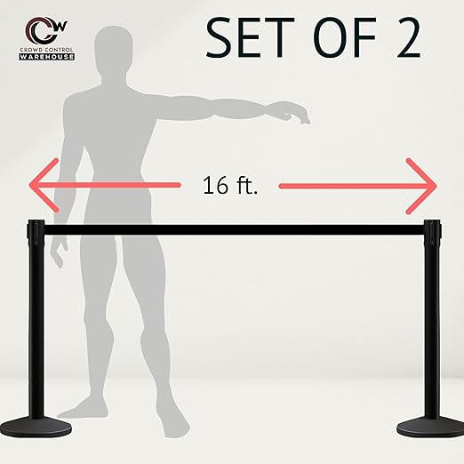 Crowd Control Warehouse CCW Series RBB-150 - Set of 2 Stanchion Retractable Belt Barriers - 16 Foot, Black & Yellow Diagonal Belt with Black Steel Post - Easy Assembly
