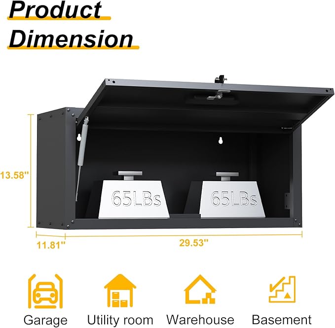 Metal Wall Cabinet with Up-flip Door, Lockable Steel Wall Mounted Storage Cabinet, Floating Tool Cabinet for Garage, Workshop, Warehouse, Kitchen, Bathroom, Assembly Required (Black 13.58"H)