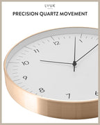 LUUK LIFESTYLE Silent Quartz Wall Clock, Nordic and Minimalist Design, Interior Decoration for Living Room, Kitchen, Bedroom, White and Gold
