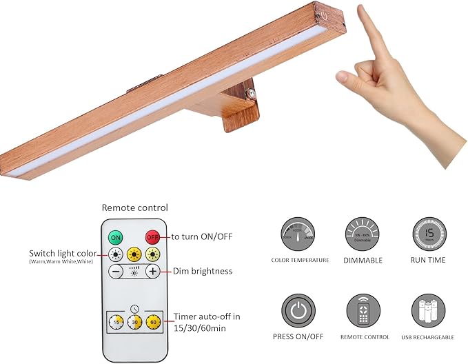 MIOBLUE LED Picture Light Battery Operated with Remote, 16in Rechargeable Picture Light for Paintings,Metal Display Art Light with Timer and Dimmable for Frame,Wal,Artwork,Portrait,Gallery,Dartboard